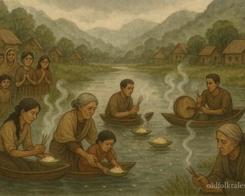 Southern Chinese villagers perform rituals and offer incense and rice to a river that has stopped flowing, emphasizing respect for ancestors and communal moral responsibility.