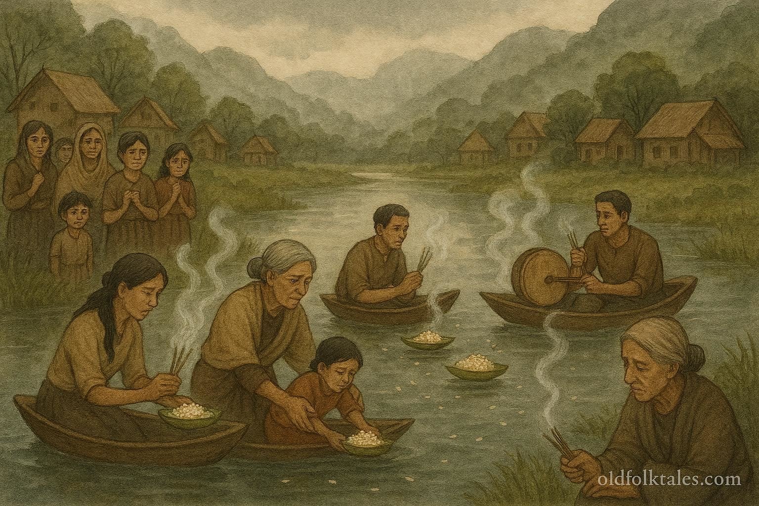 Southern Chinese villagers perform rituals and offer incense and rice to a river that has stopped flowing, emphasizing respect for ancestors and communal moral responsibility.