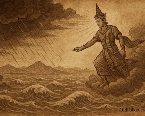 Sepia-toned landscape illustration on aged rice parchment depicting Khun Borom descending from the heavens after the great flood. He stands radiant on a cloud, blessing his seven kneeling sons, each holding sacred symbols of future kingdoms. Below, villagers plant rice and build homes in newly revealed fertile valleys. Celestial light pierces storm clouds, merging divine presence with earthly renewal. “OldFolktales.com” is inscribed in elegant script at the bottom right.