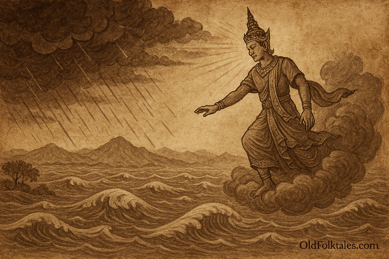 Sepia-toned landscape illustration on aged rice parchment depicting Khun Borom descending from the heavens after the great flood. He stands radiant on a cloud, blessing his seven kneeling sons, each holding sacred symbols of future kingdoms. Below, villagers plant rice and build homes in newly revealed fertile valleys. Celestial light pierces storm clouds, merging divine presence with earthly renewal. “OldFolktales.com” is inscribed in elegant script at the bottom right.