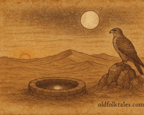 Parchment style illustration of the Moon rising above the Mahra desert, Yemeni creation myth.