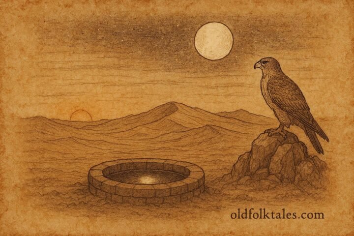 Parchment style illustration of the Moon rising above the Mahra desert, Yemeni creation myth.