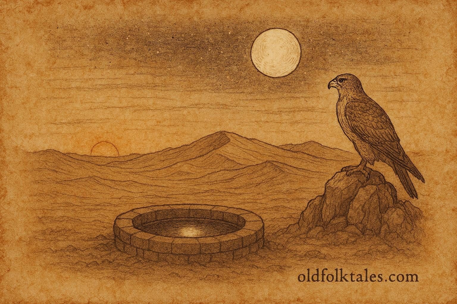 Parchment style illustration of the Moon rising above the Mahra desert, Yemeni creation myth.