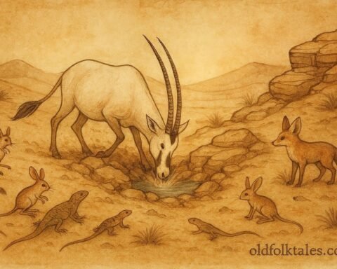 Parchment style artwork of an Arabian oryx uncovering water, Omani folktale from Dhofar.