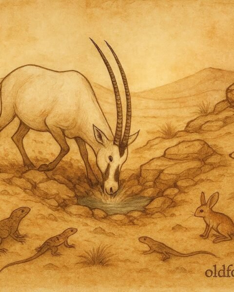 Parchment style artwork of an Arabian oryx uncovering water, Omani folktale from Dhofar.
