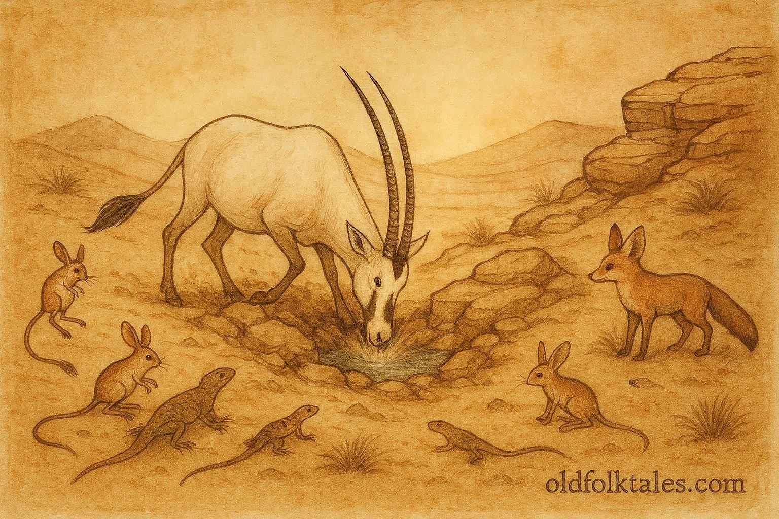 Parchment style artwork of an Arabian oryx uncovering water, Omani folktale from Dhofar.