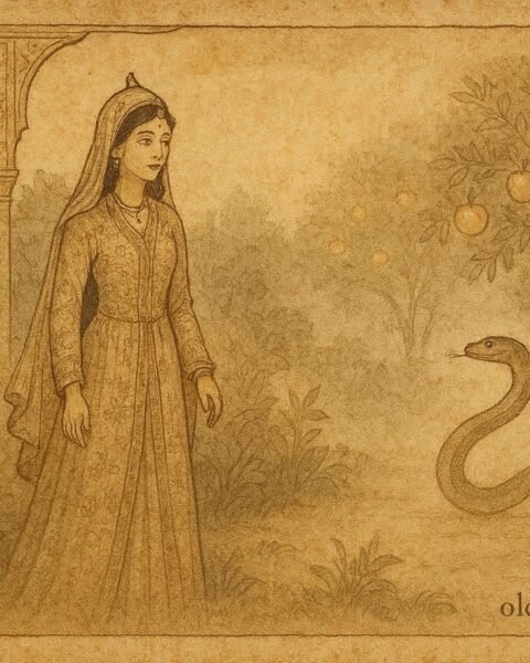 Parchment-style artwork of Yasmin and the serpent prince, Uzbek folktale scene.