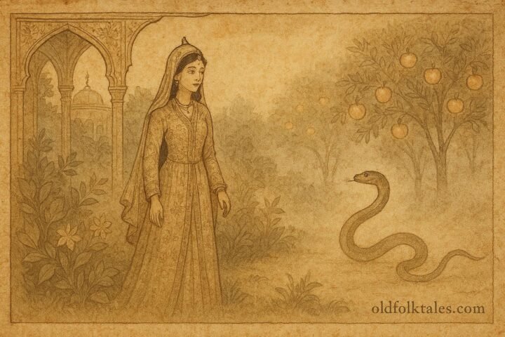Parchment-style artwork of Yasmin and the serpent prince, Uzbek folktale scene.