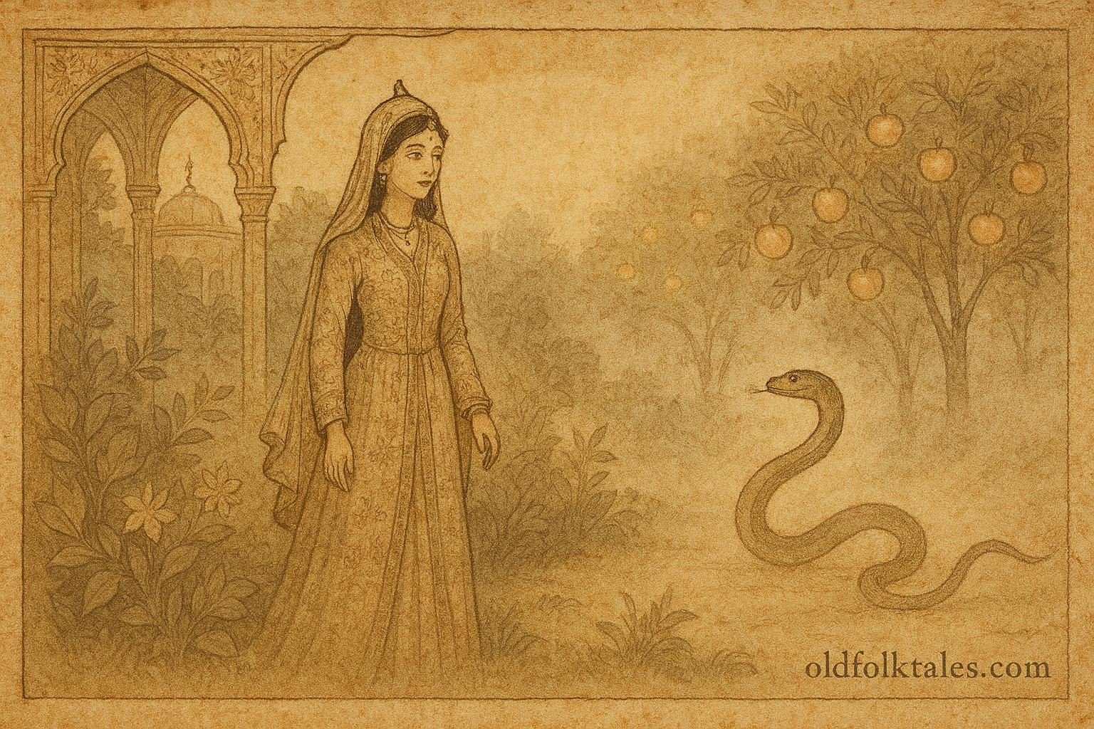 Parchment-style artwork of Yasmin and the serpent prince, Uzbek folktale scene.