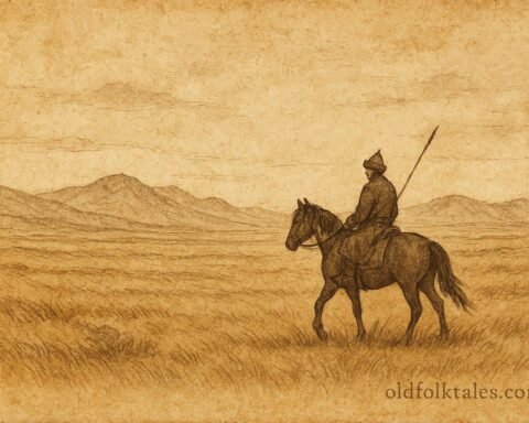 Parchment-style artwork of Yer Sain riding the Kazakh steppe, Kazakhstan folktale.