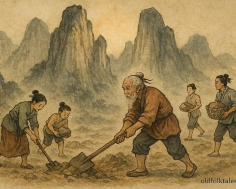 Yugong and his family digging at the base of towering mountains in an ancient Chinese tale.