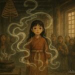 A young girl inside a temple hall observes swirling incense as villagers watch in awe, symbolizing spiritual insight and guardianship.