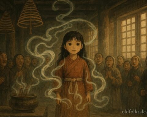 A young girl inside a temple hall observes swirling incense as villagers watch in awe, symbolizing spiritual insight and guardianship.