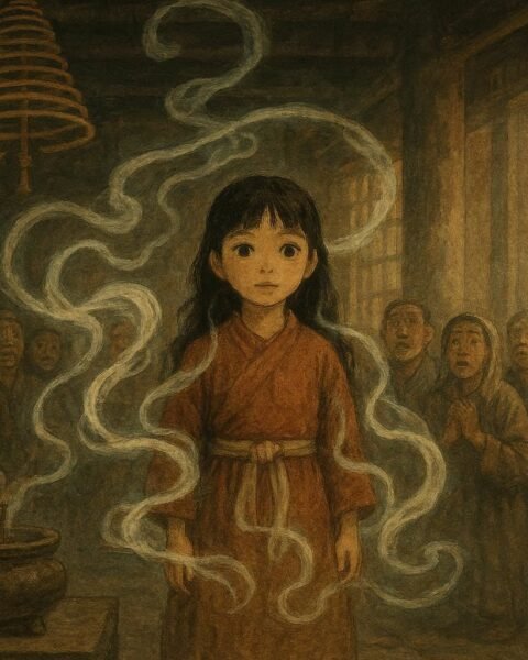 A young girl inside a temple hall observes swirling incense as villagers watch in awe, symbolizing spiritual insight and guardianship.