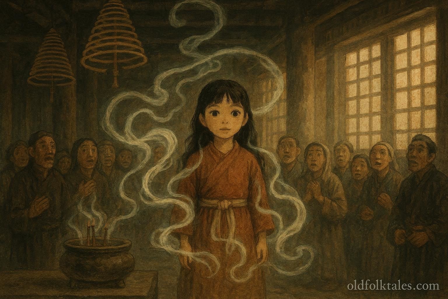 A young girl inside a temple hall observes swirling incense as villagers watch in awe, symbolizing spiritual insight and guardianship.