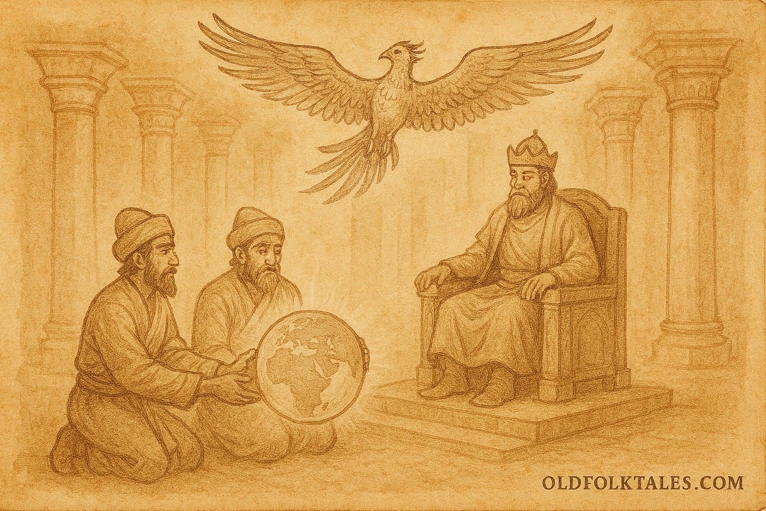 Parchment-style artwork of Zarlik and Munglik revealing truth, Uzbek folktale scene.