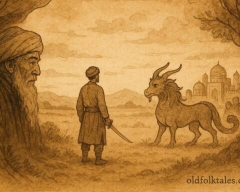 Parchment-style artwork of Ziad Batar facing trials, Uzbek folktale scene.