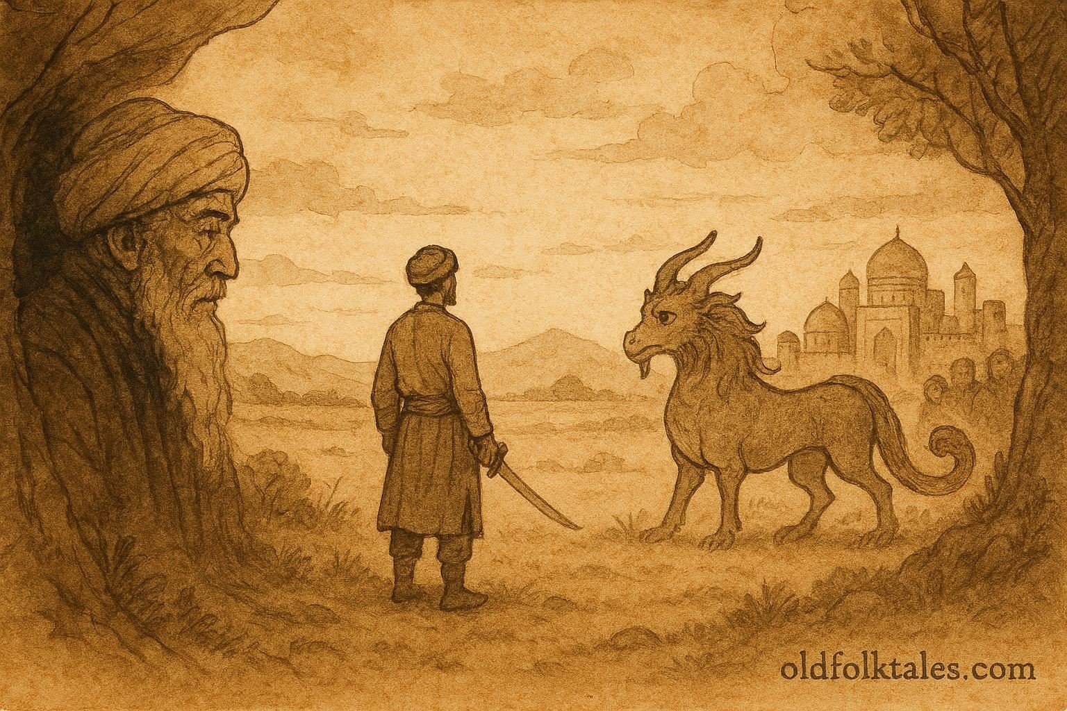 Parchment-style artwork of Ziad Batar facing trials, Uzbek folktale scene.