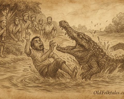 Sepia-toned parchment-style illustration showing Si Malang, a defiant fisherman, screaming in terror as a massive guardian crocodile lunges from the sacred river pool. His body is half-submerged, arms raised, while five horrified young villagers rush to help from the riverbank with bamboo poles. The crocodile’s ancient eyes and dagger-like teeth reflect mystical judgment. The scene is framed by fruit trees and rippling water, evoking the tension and reverence of Malaysian river folklore. 'OldFolktales.com' is inscribed at the bottom right corner.