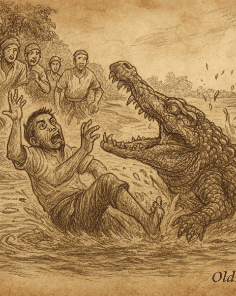Sepia-toned parchment-style illustration showing Si Malang, a defiant fisherman, screaming in terror as a massive guardian crocodile lunges from the sacred river pool. His body is half-submerged, arms raised, while five horrified young villagers rush to help from the riverbank with bamboo poles. The crocodile’s ancient eyes and dagger-like teeth reflect mystical judgment. The scene is framed by fruit trees and rippling water, evoking the tension and reverence of Malaysian river folklore. 'OldFolktales.com' is inscribed at the bottom right corner.