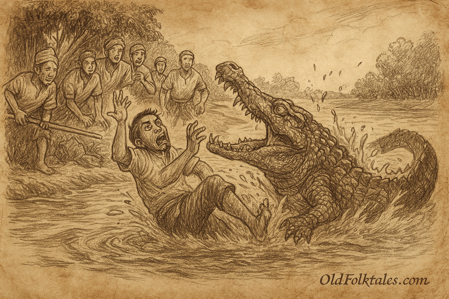 Sepia-toned parchment-style illustration showing Si Malang, a defiant fisherman, screaming in terror as a massive guardian crocodile lunges from the sacred river pool. His body is half-submerged, arms raised, while five horrified young villagers rush to help from the riverbank with bamboo poles. The crocodile’s ancient eyes and dagger-like teeth reflect mystical judgment. The scene is framed by fruit trees and rippling water, evoking the tension and reverence of Malaysian river folklore. 'OldFolktales.com' is inscribed at the bottom right corner.