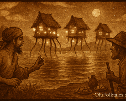 Sepia-toned illustration on aged rice parchment depicting a mystical coastal village scene in Masbate, Philippines. Traditional stilt houses sway gracefully above moonlit waters, glowing with star-like lights inside. Two fishermen in the foreground watch in awe from their bancas, holding kerosene lamps. Offerings of rice, fruits, sampaguita garlands, and incense rest on bamboo platforms near the shore. In the background, a full moon shines over rolling hills and a star-filled sky. The atmosphere is reverent and magical, evoking the presence of celestial star spirits. “OldFolktales.com” is inscribed in the bottom right corner.