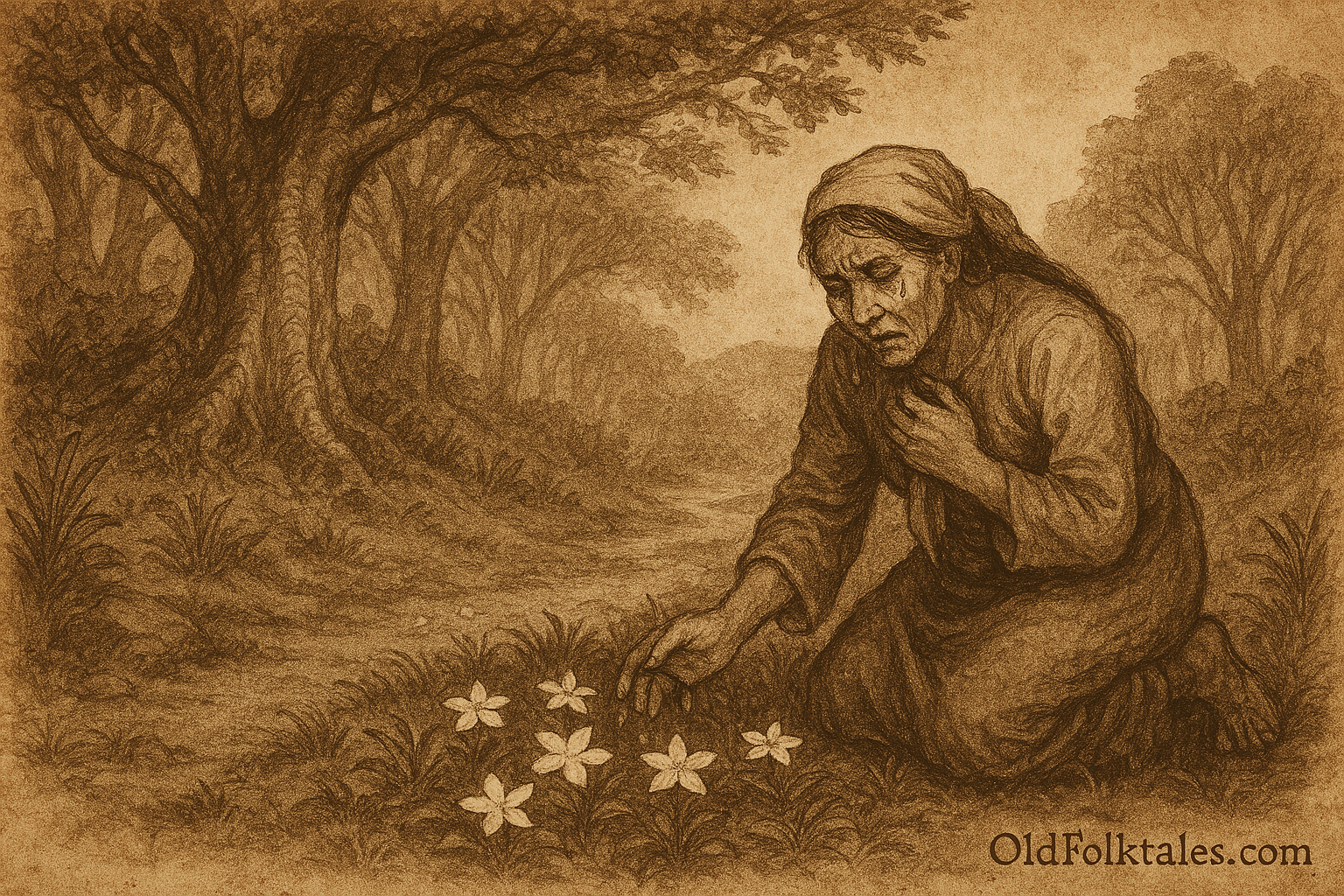 Sepia-toned parchment illustration of the Malaysian legend Mahsuri’s Mother and the White Flowers. In a dense Langkawi forest, an elderly woman in traditional Malay attire kneels on a jungle path, her face etched with sorrow as tears stream down her cheeks. Her hand gently touches a cluster of pure white star-shaped flowers blooming at her feet. Towering trees with gnarled trunks and thick foliage surround her, casting dappled light across the forest floor. The atmosphere evokes grief, purity, and mystical transformation. “OldFolktales.com” is inscribed at the bottom right.